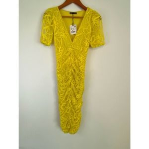 NWT ZARA, Size Small Ruched Midi Yellow Floral Lace Dress